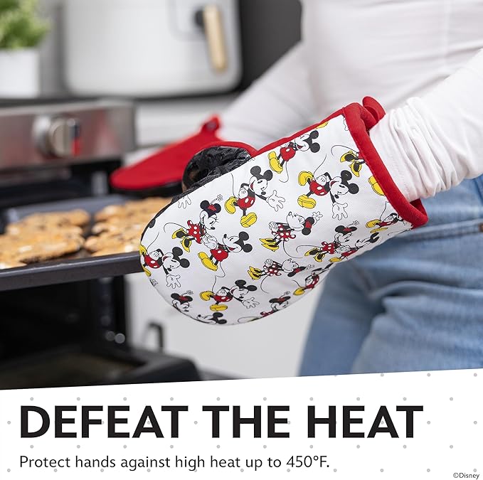 Disney Oven Mitts 2-Pack - 5.5” x 7.5” Heat-Resistant Mini Oven Mitts with Non-Slip Printed Silicone Disney Silhouettes - Pot Holders for Kitchen - Mickey & Minnie, Stitch, Winnie the Pooh