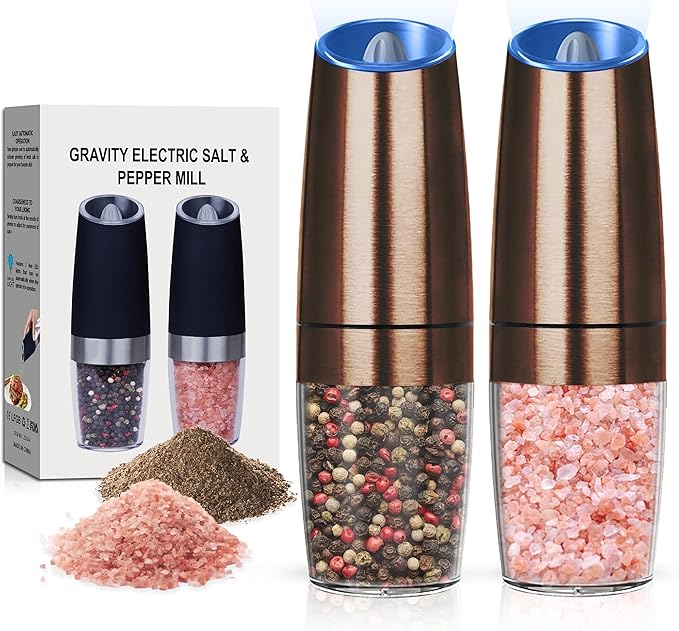 Battery Operated Salt And Pepper Grinder Set with LED Light, Automatic Electric Gravity Salt And Pepper Shakers Set, Each 6 AAA Batteries Needed, Adjustable Roughness, 2 Pack (Copper) by Unknown