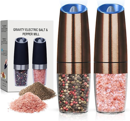 Battery Operated Salt And Pepper Grinder Set with LED Light, Automatic Electric Gravity Salt And Pepper Shakers Set, Each 6 AAA Batteries Needed, Adjustable Roughness, 2 Pack (Copper) by Unknown
