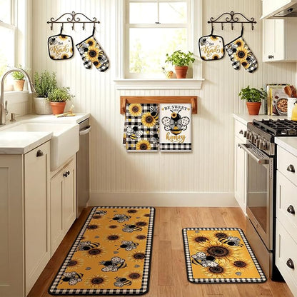 Fourluoo 10 Pcs Bee Kitchen Decor Set Kitchen Towels Rugs Oven Mitts and Pot Holders for Bee Festival Cooking Baking Grilling Gift