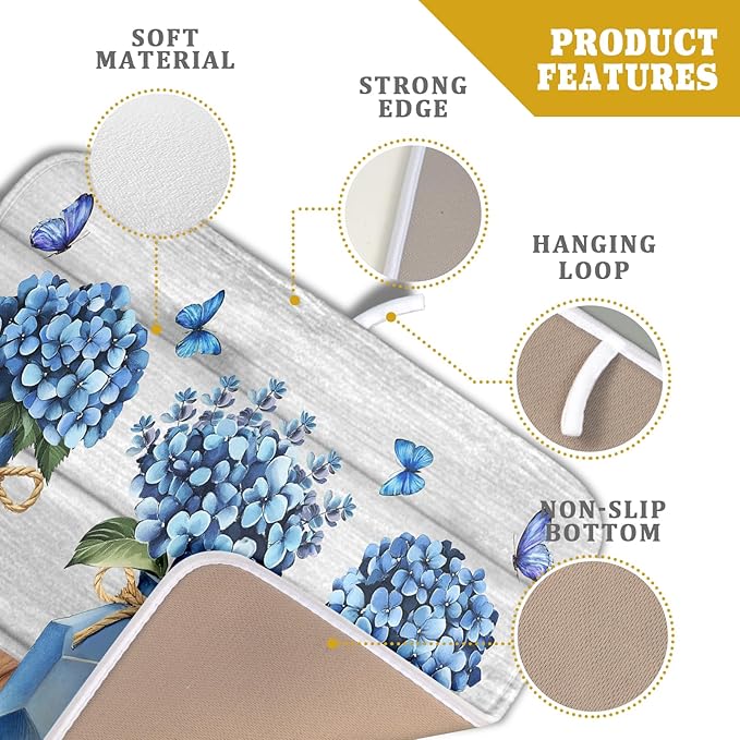 Giwawa Blue Hydrangea Dish Drying Mat for Kitchen Vintage Wood Board Floral Butterfly Dish Drainer Mats 16x18inch Rustic Flowers Dish Drying Rack Pad Protector for Countertop Dining Decor
