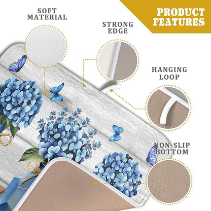 Giwawa Blue Hydrangea Dish Drying Mat for Kitchen Vintage Wood Board Floral Butterfly Dish Drainer Mats 16x18inch Rustic Flowers Dish Drying Rack Pad Protector for Countertop Dining Decor