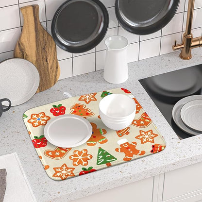 Christmas Dish Drying Mat for Kitchen Counter 16x18 Cute Gingerbread Themed Winter Xmas Holiday Absorbent Reversible Microfiber Drying Mats Kitchen Countertop Protector Dishes Drainer Rack Pad - Image 6