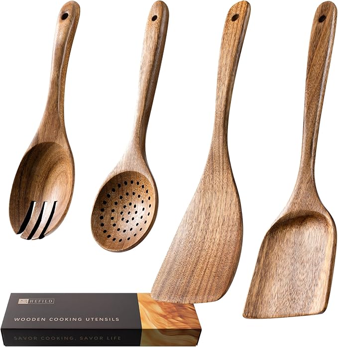 Wooden Spoons for Cooking, Nonstick Cooking Utensil Set with 4 Piece Acacia Wooden Spatulas and Spoons for Cooking, Terrific for Everyday Kitchen Tasks by HEFILD