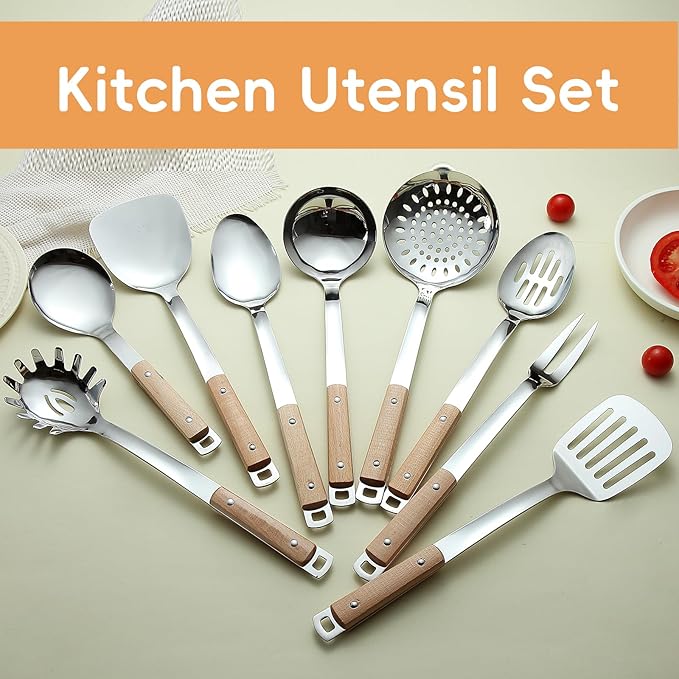 9pcs Cooking Utensils Set 304 Stainless Steel Kitchen Utensils with Wooden Hanlde Metal Kitchen Utensils Soup Ladle Set Dishwasher Safe Kitchen Essentials Set Kitchen Tool Set, Dishwasher Safe - Image 4
