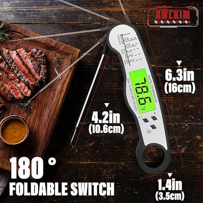 AWLKIM Digital Meat Thermometer with Doneness Chart, 2-Sec Instant Read Food Thermometer for Cooking, Grilling, Oven, Air Fryer - Waterproof Backlit Magnetic Flip Probe, Gift for Men, Dad - Black - Image 3