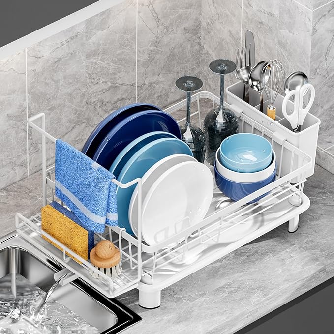 Dish Drying Rack, Stainless Steel-Dish Rack, Dish Racks for Kitchen Counter, Kitchen Dish Drainers with Removable Utensil Holder,New drain outlet,Plate Rack and Drainboard,(white 2 with Sponge Rack) by GAOKASE
