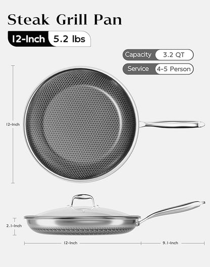 Nonstick Frying Pan with Lid 12-Inch, Durable Stainless Steel Skillet, Induction Cooktop Compatible, PFOA-Free Scratch-Proof, Dishwasher & Oven Safe, Stay-Cool Handle, Silver Kitchen Cookware - Image 2