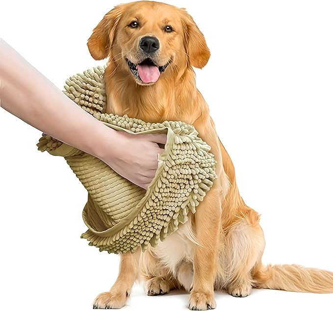Muddy Mat Doggy Dryer, Highly Absorbent Microfiber Washable Dog Shammy Quick Drying Towel Absorber - Extra Soft Plush Wrap Chenille Bath Towels to Dry Soggy Large Pets & Small Puppy-Beige 19"x46" by MuddyMat%C2%AE