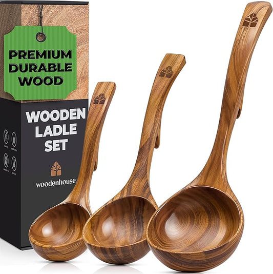 Wooden Ladle for Soup, 3 Size Teak Wood Ladle Spoon with Back Hooks for Pot & Bowl, Non-Stick Wooden Spoon Set for Cooking, Serving and Stirring by Woodenhouse