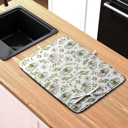 Easter Bunny Floral Drying Mat for Kitchen Counter Spring Easter Rabbits Green Leaves Dry Dish Mat Absorbent Microfiber Dish Draining Washable Dish Drainer Rack Mat Large 18x24 Inch - Image 6