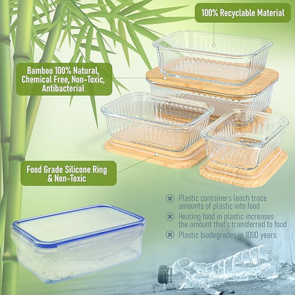 Ribbed Glass Tupperware Set with Bamboo Lids - 4 Stackable Meal Prep Containers. Durable heat resistant Inert Borosilicate Glass - Image 6