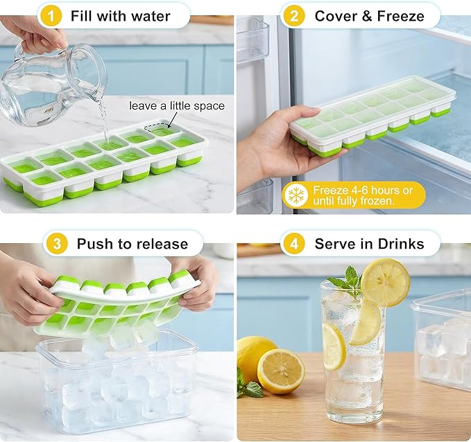 NFK Ice Cube Tray with Lid & Bin - 4 Pack 48 Cubes Stackable Silicone Trays for Freezer with Storage Container, Leak-Proof Lids, BPA-Free, Easy Release for Kitchen, RV, Party, Cocktail & Coffee - Image 7