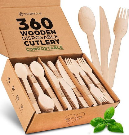 PURPLECLAY Wooden Disposable Utensils Set, 360 PCS Compostable Silverware (120 Forks, 120 Spoons, 120 Knives) Eco Friendly, Plastic-Free Cutlery for Parties & Catering, Alternative to Bamboo Utensils by Purpleclay