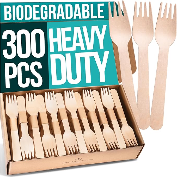Disposable Wooden Forks For Eating - 300pcs - Heavy Duty & Sharp - Our Guilt-Free FSC Certified Wood Protects Forests - A Great Alternative to Bamboo Forks Disposable by EarthClusive