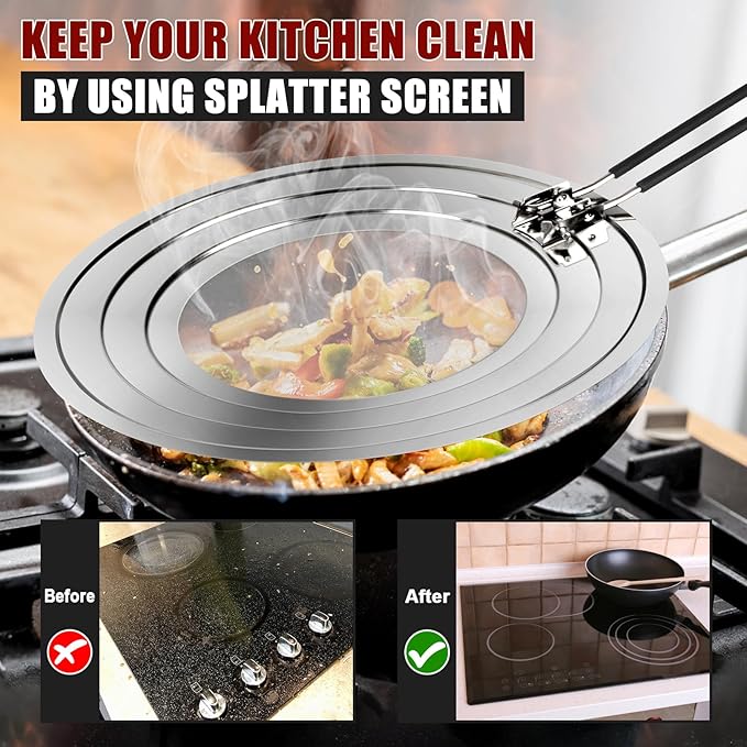 Stainless Steel Splatter Screen for Frying Pan - Grease Splatter Guard with Folding Handle - Cover Oil Splash from Bacon, Oil, or Deep Fryer - Food Strainer and Universal Cookware - Image 6