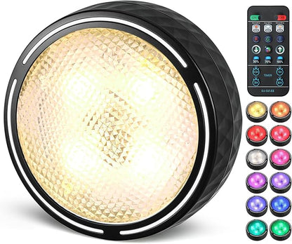 Puck Lights, Battery Operated Wireless LED Under Cabinet Lighting with Remote Control & Timer, Warm White & RGB Color Changing Stick on Tap Push Light for Kitchen Counter, Shelf, 1 Pack, Black