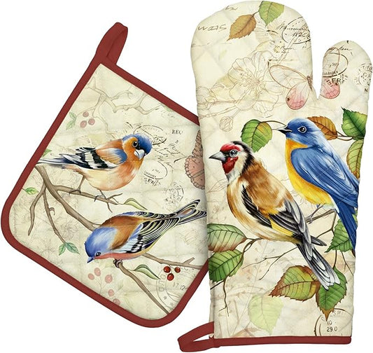 Vintage Bird Oven Mitts and Pot Holders Sets 2Pcs, 100% Cotton Heat Resistant, Extra Long Oven Gloves Potholder for Kitchen Cooking Baking Decoration, Housewarming Gifts for Mom by Arquiel