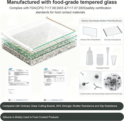 2Pcs Glass Cutting Boards for Kitchen(12x16" & 12x8"),Clear Tempered Glass Paired with White Silicone Grip,No Scratches/Microplastic-Free/Non Toxic,Excellent Gift for Mother's Day and Father's Day