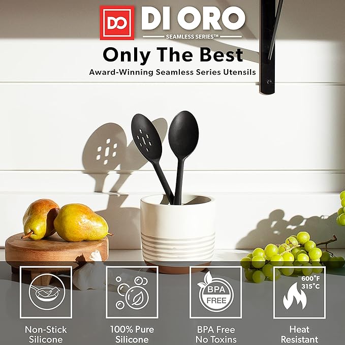 DI ORO Silicone Spoons for Cooking - Large Kitchen Spoons for Mixing, Serving, & Stirring - 600°F Heat-Resistant Non Stick Utensils – Big Solid & Slotted - Dishwasher Safe (2pc, Black) - Image 2