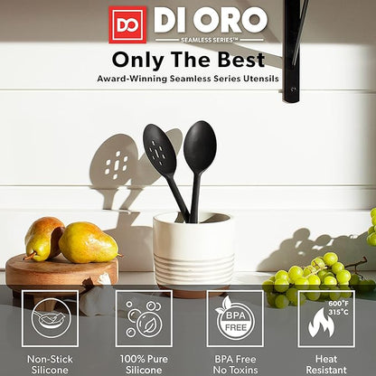 DI ORO Silicone Spoons for Cooking - Large Kitchen Spoons for Mixing, Serving, & Stirring - 600°F Heat-Resistant Non Stick Utensils – Big Solid & Slotted - Dishwasher Safe (2pc, Black) - Image 2