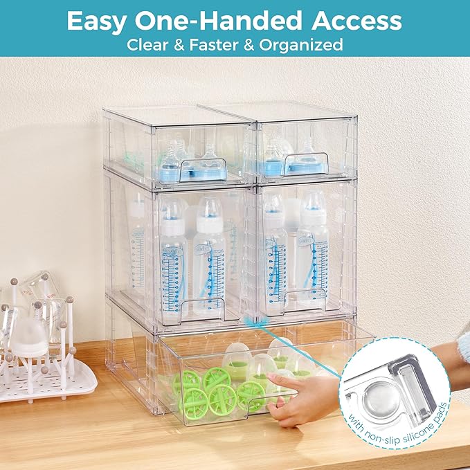Vtopmart 6 Pack Clear Stackable Storage Drawers,Easy to Assemble Baby Bottle with handles,Plastic Drawers for Kitchen Pantry,Cabinet,Under Sink Organization - Image 5