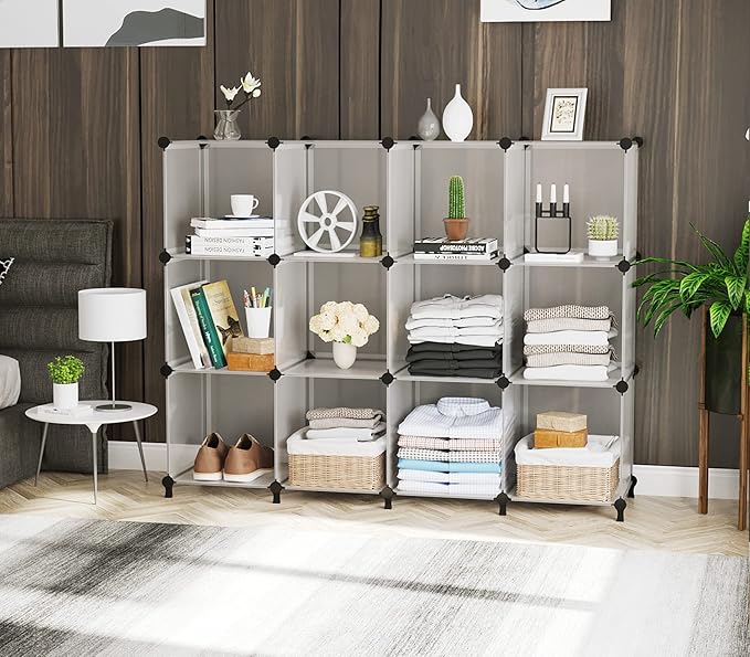 AWTATOS Cube Storage Organizer Storage 12 Cube Bookshelf DIY Plastic Closet Storage Shelves with Wooden Mallet, Ideal Storage Solution for Home, Bedroom, Translucent White - Image 4
