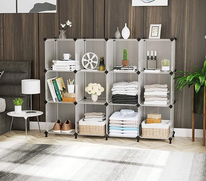 AWTATOS Cube Storage Organizer Storage 12 Cube Bookshelf DIY Plastic Closet Storage Shelves with Wooden Mallet, Ideal Storage Solution for Home, Bedroom, Translucent White - Image 4