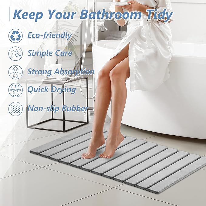 AWW Foldable Stone Bath Mat, Quick Dry Diatomaceous Earth Bath Mat with Non-Slip Mat, Super Absorbent, Easy to Clean, Compact for Small Bathrooms, 31.5 x 15.7, Light Grey - Image 8