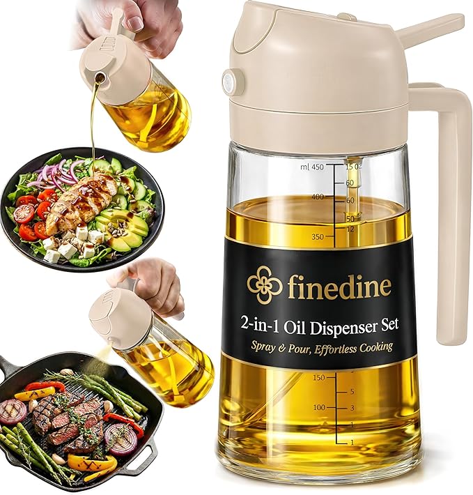 FineDine 16oz Olive Oil Sprayer for Cooking, 2 in 1 Olive Oil Dispenser Bottle for Kitchen, Air Fryer, Salad, BBQ & Baking – Dual Spray Mist & Stream, with Measurement Marks, White by FINEDINE