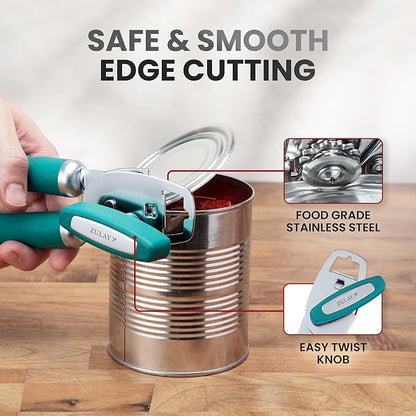 Zulay Kitchen Heavy Duty Stainless Steel Can Opener Manual with Bottle Opener - Rust Proof Manual Can Opener With Turn Knob & Comfy Soft Grip Handles - Emerald - Image 4