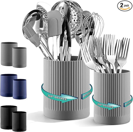 Kyraton Cooking Utensils Holder 2pcs, 360° Rotating Heavy Duty Plastic Kitchen Utensil Holder for Countertop, The Small Utensil Crock for Cutlery Silverware, Tooth Brush, Desk Pencil Pen by Kyraton