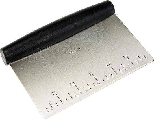 Amazon Basics Multi-Purpose Bench Scraper, Stainless Steel Dough Cutter with Measurement Marks, Dishwasher Safe, Non-slip Contoured Grip, 6", Black, Silver by AmazonBasics
