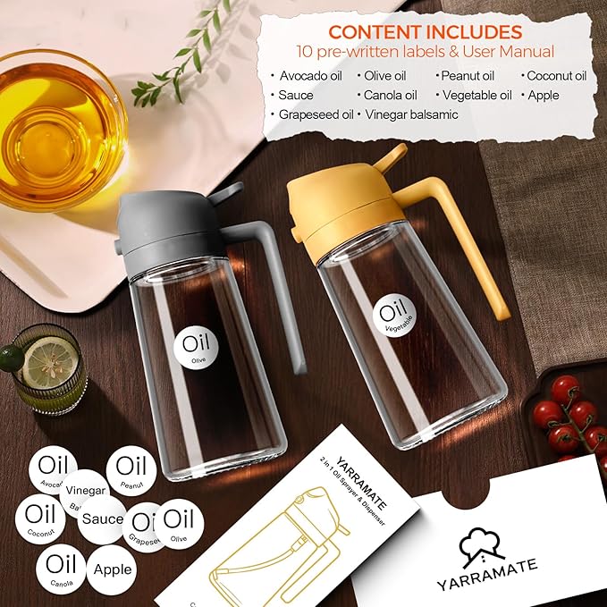 YARRAMATE 16oz/470ml Oil Sprayer for Cooking with Stickers, Food-grade Premium 2 in 1 Olive Oil Dispenser Bottle for Kitchen Gadgets, Air Fryer, Salad, Frying, BBQ (Gray) - Image 2