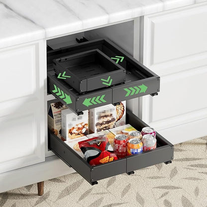 2 Pack Pull out Cabinet Organizer, Width (10"-15") Depth (11"-17"), with 3 Rails Adjustable Slide, Expandable Drawers for Cabinets, No Drill Adhesive Kitchen Drawers for Pantry Shelves black - Image 7