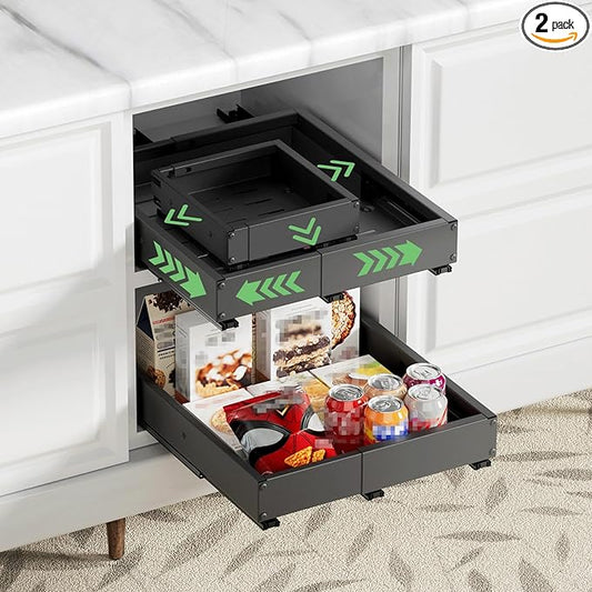 2 Pack Pull out Cabinet Organizer, Width (10"-15") Depth (11"-17"), with 3 Rails Adjustable Slide, Expandable Drawers for Cabinets, No Drill Adhesive Kitchen Drawers for Pantry Shelves black by BUFOR
