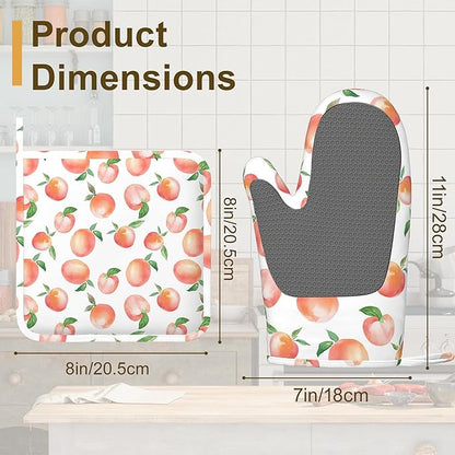 Watercolor Peaches Oven Mitts and Pot Holders Sets,Silicone Kitchen Mitts Potholders Heat Resistant 4Pcs Oven Gloves Hot Pads for Kitchen Baking Cooking