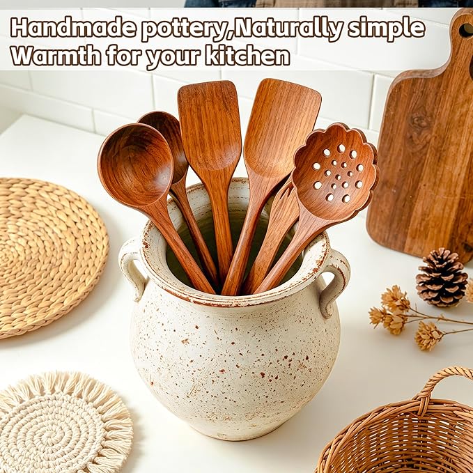 Rustic Kitchen Utensil Holder for Countertop, 7.6x4.9In Large Ceramic Cooking Utensil Crocks for Countertop, with non-slip pads, Morden Farmhouse Vintage Kitchen Counter Decor - Image 8