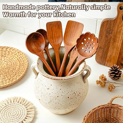 Rustic Kitchen Utensil Holder for Countertop, 7.6x4.9In Large Ceramic Cooking Utensil Crocks for Countertop, with non-slip pads, Morden Farmhouse Vintage Kitchen Counter Decor - Image 8