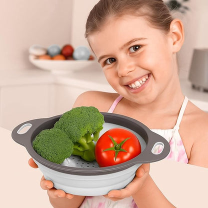 Round Silicone White Colander Collapsible – Foldable White Kitchen Strainer Small Collapsible Colander with Plastic Handles for Draining Vegetable and Fruit Silicone Kitchen Strainer for Pasta