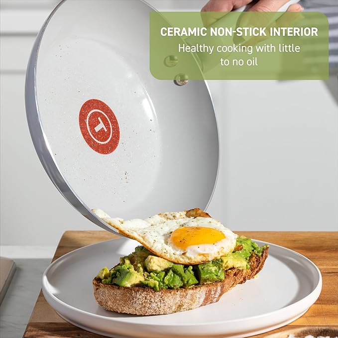 T-Fal Refresh Ceramic Nonstick Cookware Set, 12-Piece Ceramic Pots and Pans Set, Includes Stockpot, Griddle, Frying Pans, Utensils, Moon Grey - Image 3