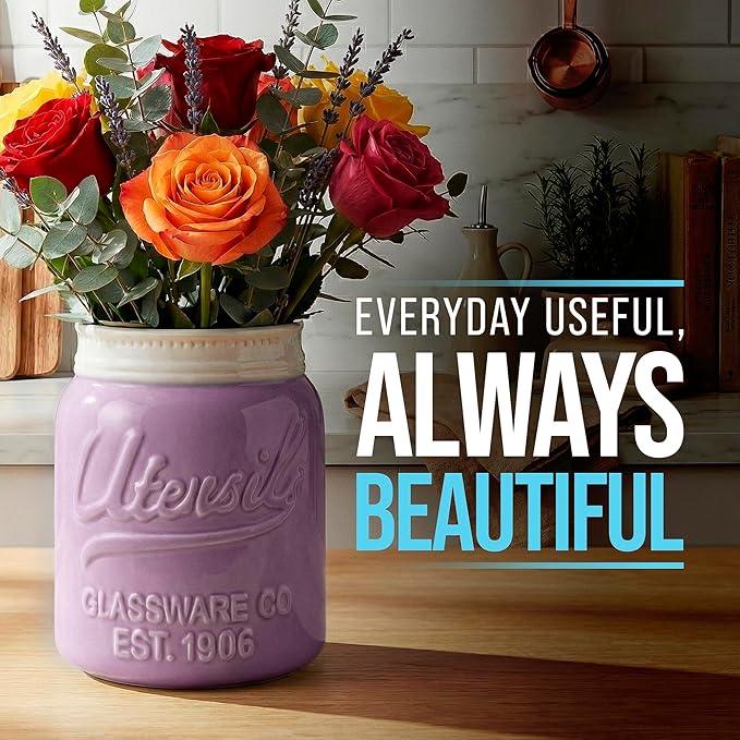 Comfify Wide Mouth Mason Jar Utensil Holder Decorative Kitchenware Organizer Crock, Dishwasher Safe - Kitchen Caddy Purple, Large Size 7" Hight - Image 6