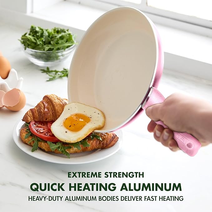 GreenPan Rio Healthy Ceramic Nonstick 8" Frying Pan Skillet and Silicone Spatula Set, Soft Grip Handle, Breaktfast Meal Set, PFAS-Free, Dishwasher Safe, Oven Safe, Pink - Image 5