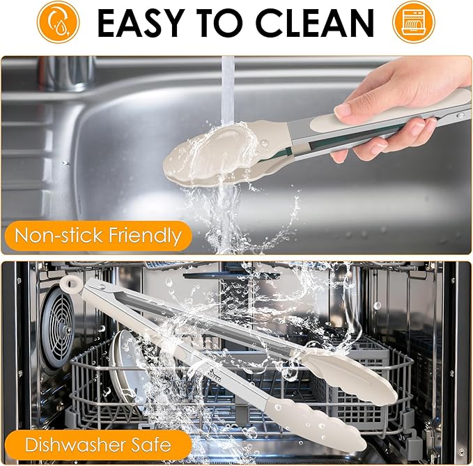 HOTEC Premium Stainless Steel Locking Kitchen Tongs with Silicon Tips, Set of 3-7", 9" and 12" (Khaki) - Image 9