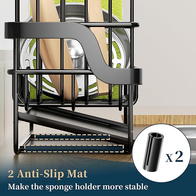 Consumest Sponge Holder for Kitchen Sink - Sink Caddy with Stainless Steel Self Drain Tray, Sink Organizer with High Brush Holder Countertop for Kitchen Sink Accessories, Black - Image 6