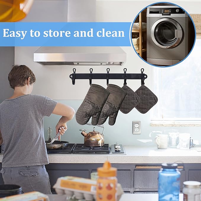 4 Pcs Oven Mitts and Pot Holders,500°F High Heat Resistant Kitchen Oven Mitts with Pot Holders,Long Oven Mitts with Recycled Cotton Infill and Silicone Non-Slip Surface for Baking and Cooking(Grey) - Image 5