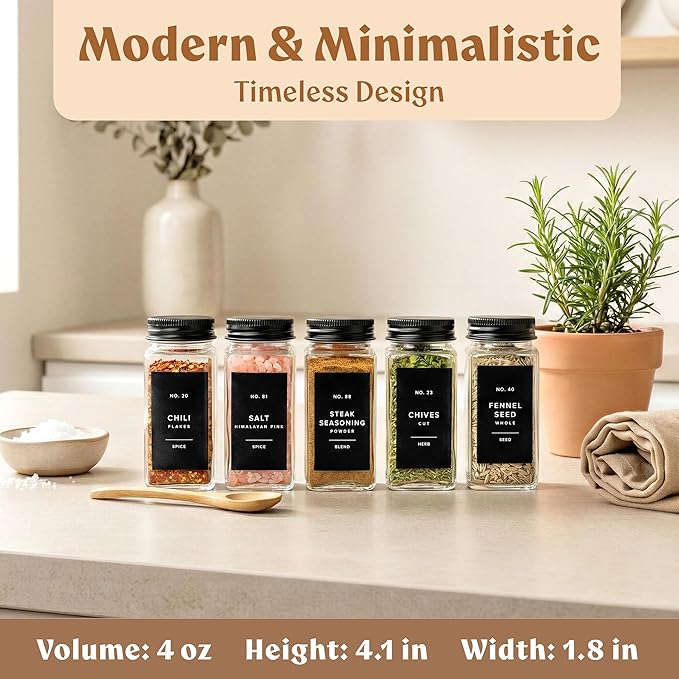 EDELHAUS Glass Spice Jars with Label and Black Aluminium Lids (24 x 4oz) Spice Containers with 240 Labels, Shaker Inserts, Steel Funnel, Empty Square Seasoning Organizer (Black Aluminium Lid) - Image 2