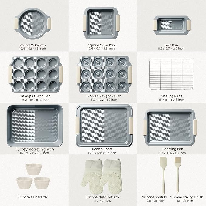 Kikcoin 25 PCS Stackable Baking Pans Set, Non-stick Bakeware Sets with Silicone Handles, 450°F Oven Safe Cookie Sheets for Baking, Easy Release Heavy-duty Baking Sheets Non Stick, Cream - Image 2