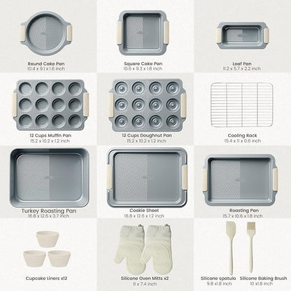 Kikcoin 25 PCS Stackable Baking Pans Set, Non-stick Bakeware Sets with Silicone Handles, 450°F Oven Safe Cookie Sheets for Baking, Easy Release Heavy-duty Baking Sheets Non Stick, Cream - Image 2