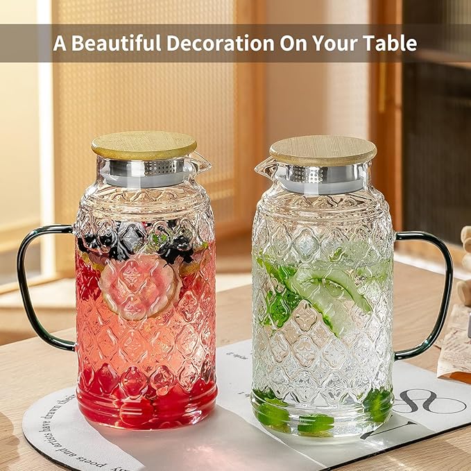 Buaic 2 PACK Glass Pitcher with Bamboo Lid, 68 oz/2L Vintage Water Pitcher, Clear Borosilicate Glass Water Carafe for Cold Brew, Coffee, Lemonade, Iced Sun Tea,Beverage, Heat Resistant Water Glass Jug - Image 5